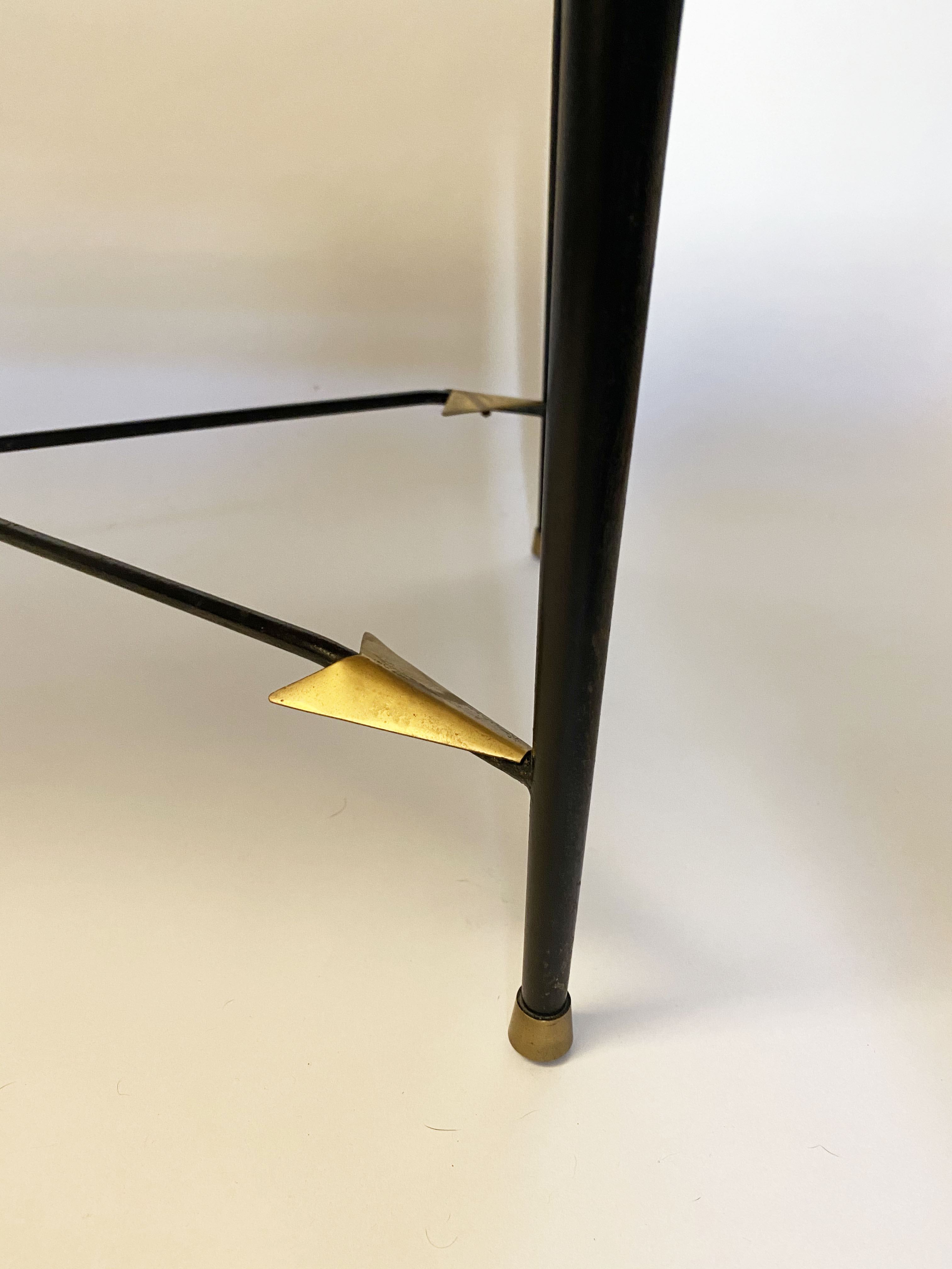 Art Deco wrought iron side table with brass arrow decoration, 1940s