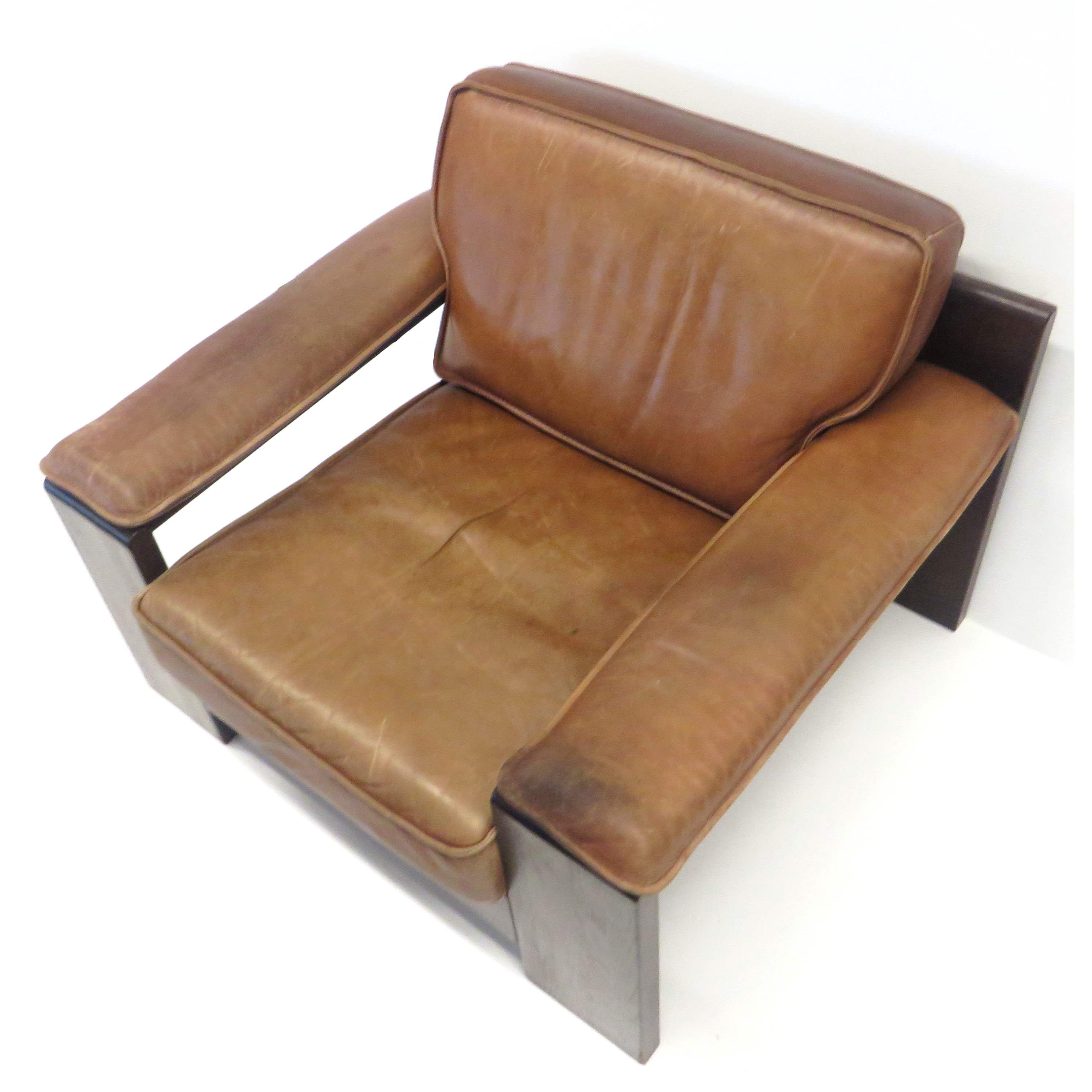 Chaise vintage Leolux en cuir épais couleur cognac par Harry de Groot fabriqué dans les années 60