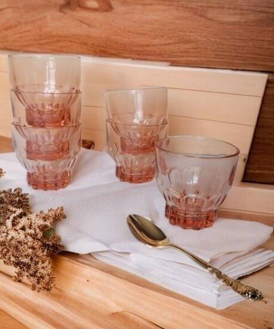 6 pink glass water glasses