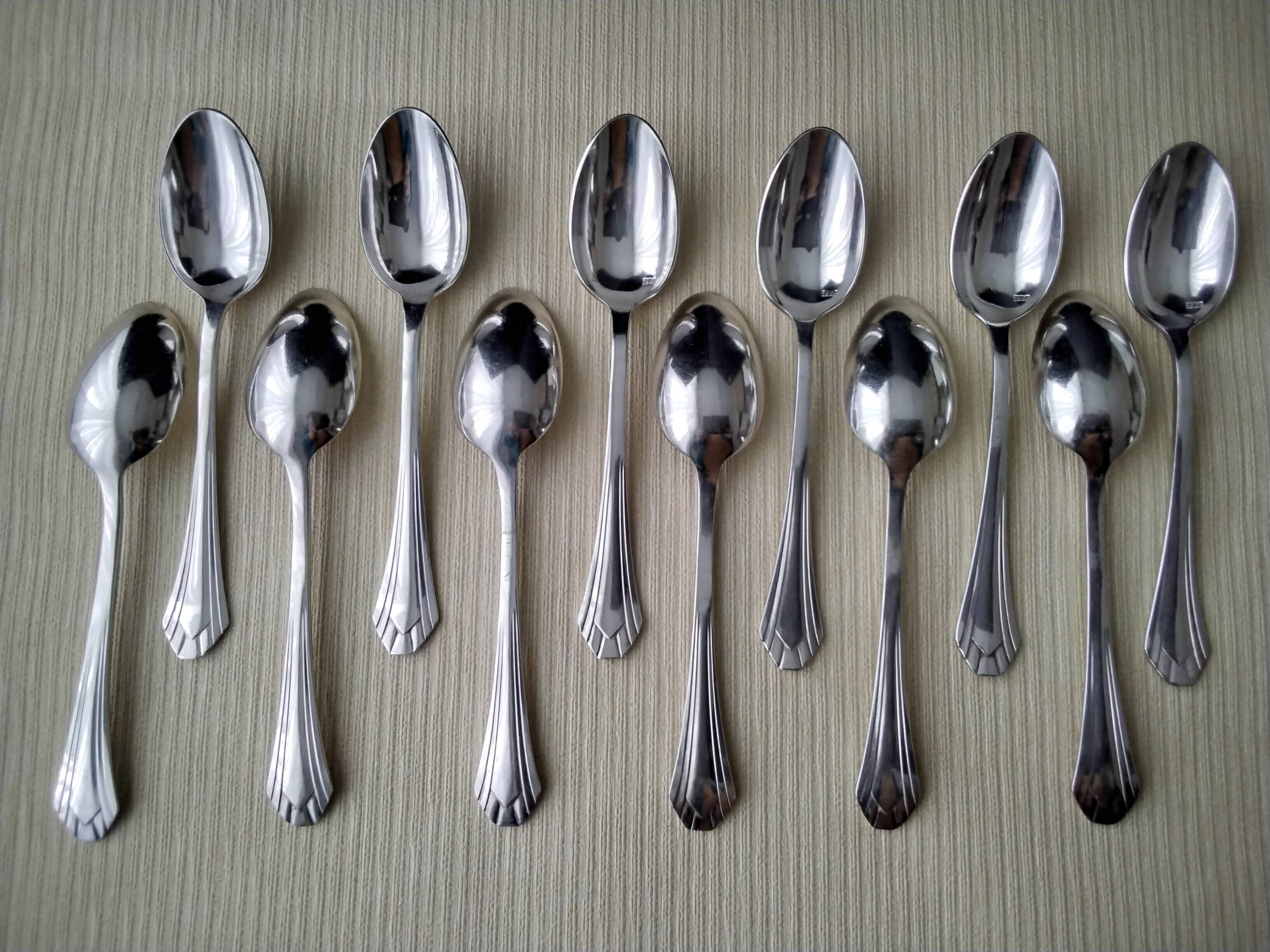 Set of 12 Art Deco Style Silver Metal Coffee Spoons