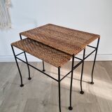 Nesting tables rattan and wrought iron 60s