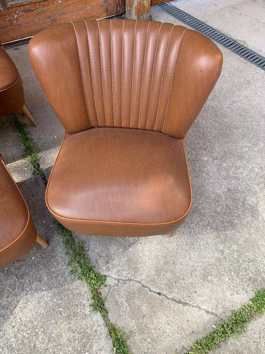 Set vintage années 1950 marron en hêtre et vinyle — 3 chaises cocktail + petit canapé