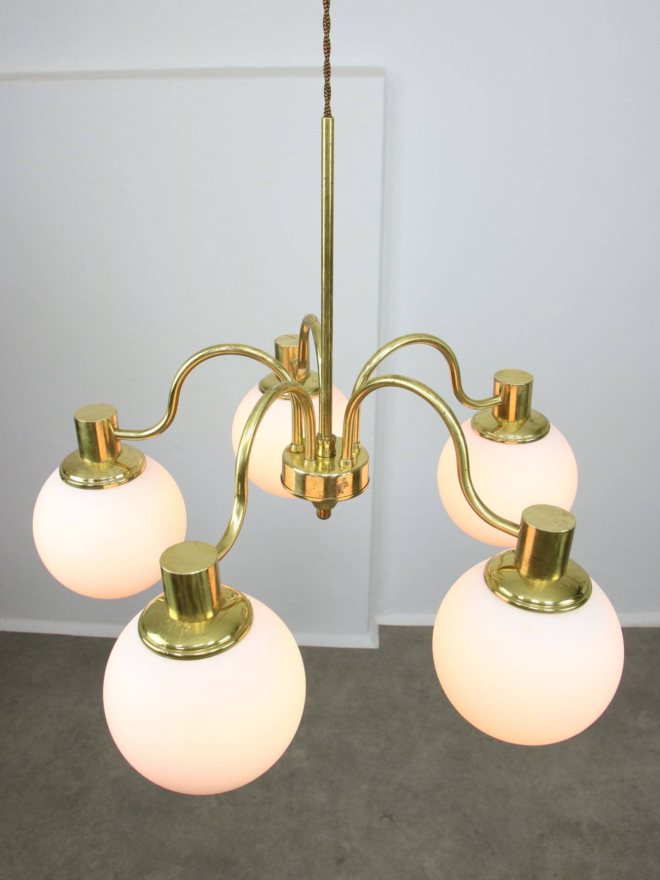 Italian Mid century Modern Chandelier in Brass and Opaline Glass, 1960s