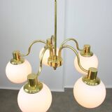 Italian Mid century Modern Chandelier in Brass and Opaline Glass, 1960s