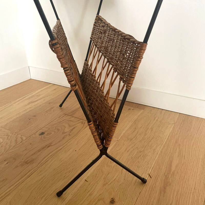 Vintage rattan and black metal magazine rack – Nightstand