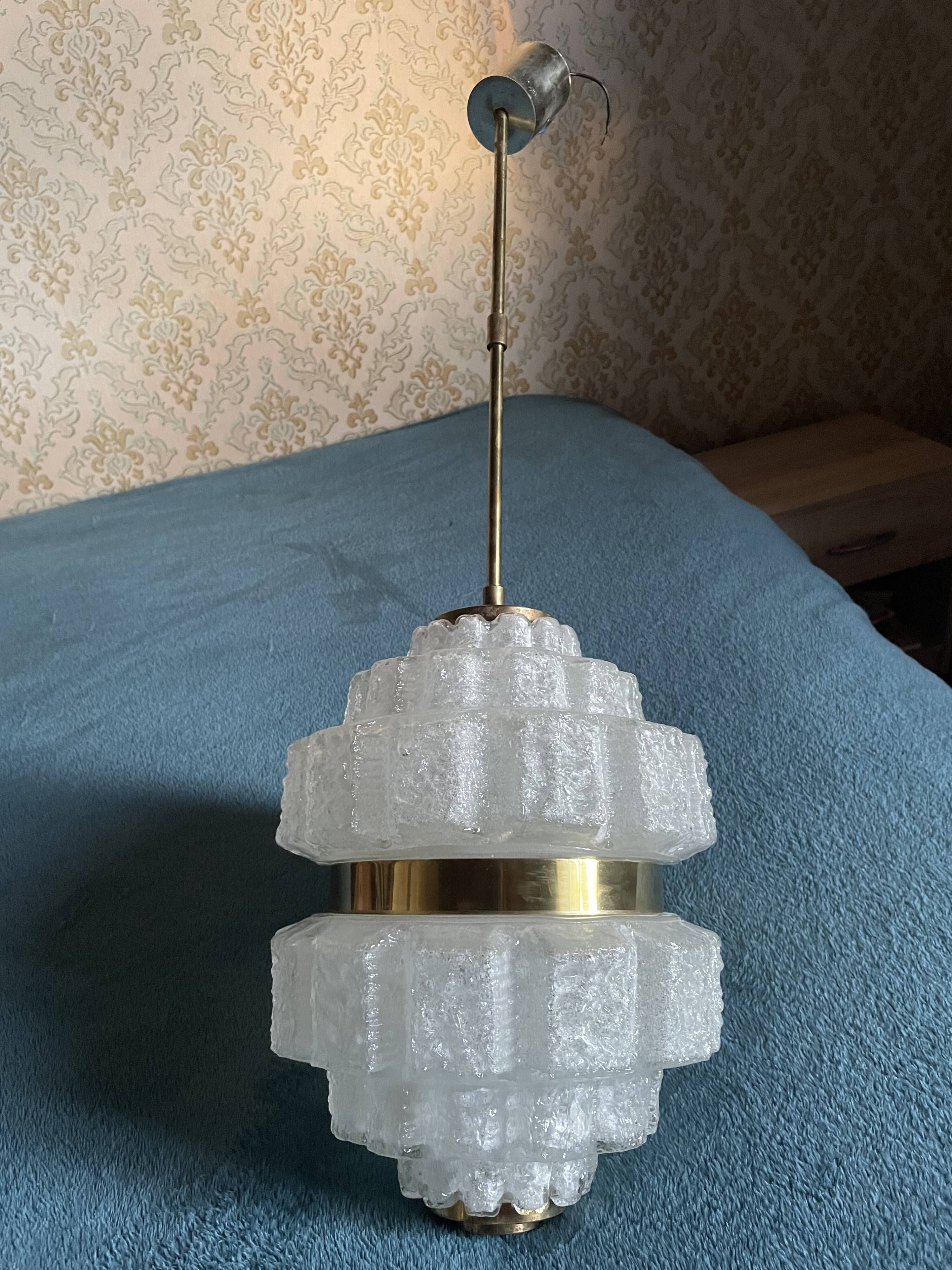 Pendant light/chandelier in molded glass and brass - 70s