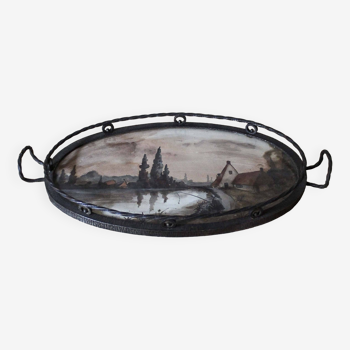 Wrought iron serving dish with watercolor