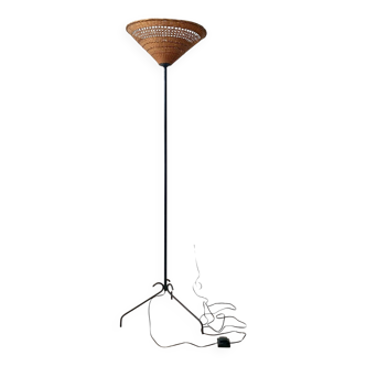 Lampadaire vintage en rotin et métal