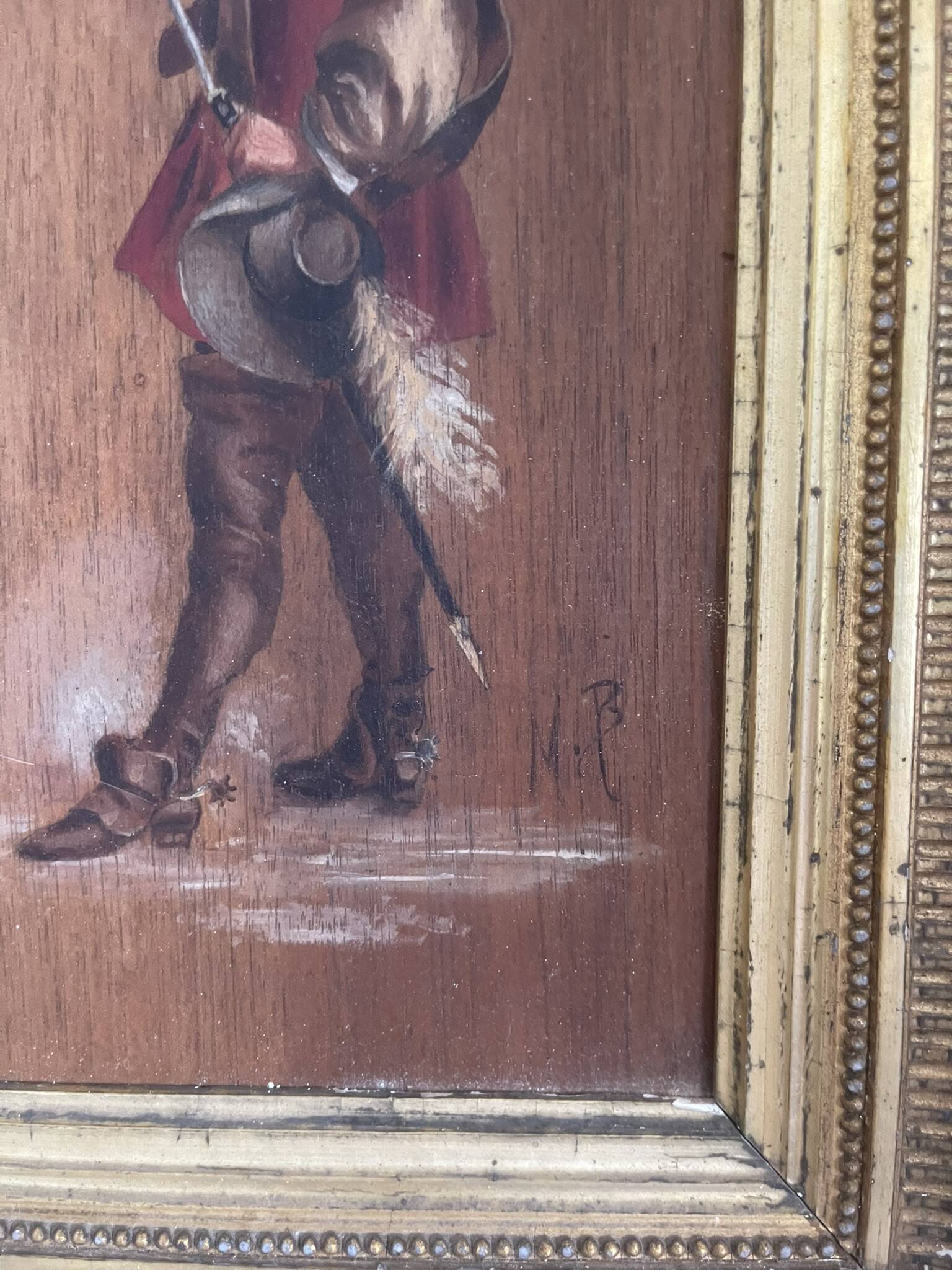 Antique Oil Wood Panel Framed Musketeer Signed 19th Century