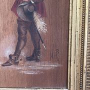 Antique Oil Wood Panel Framed Musketeer Signed 19th Century