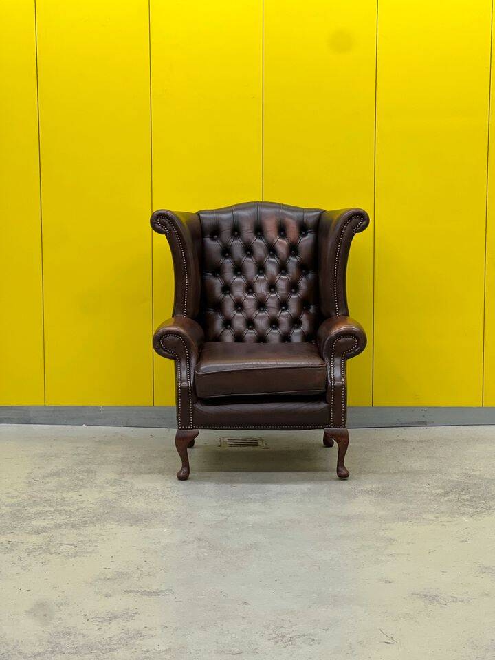 Vintage Brown leather chesterfield wingback armchair