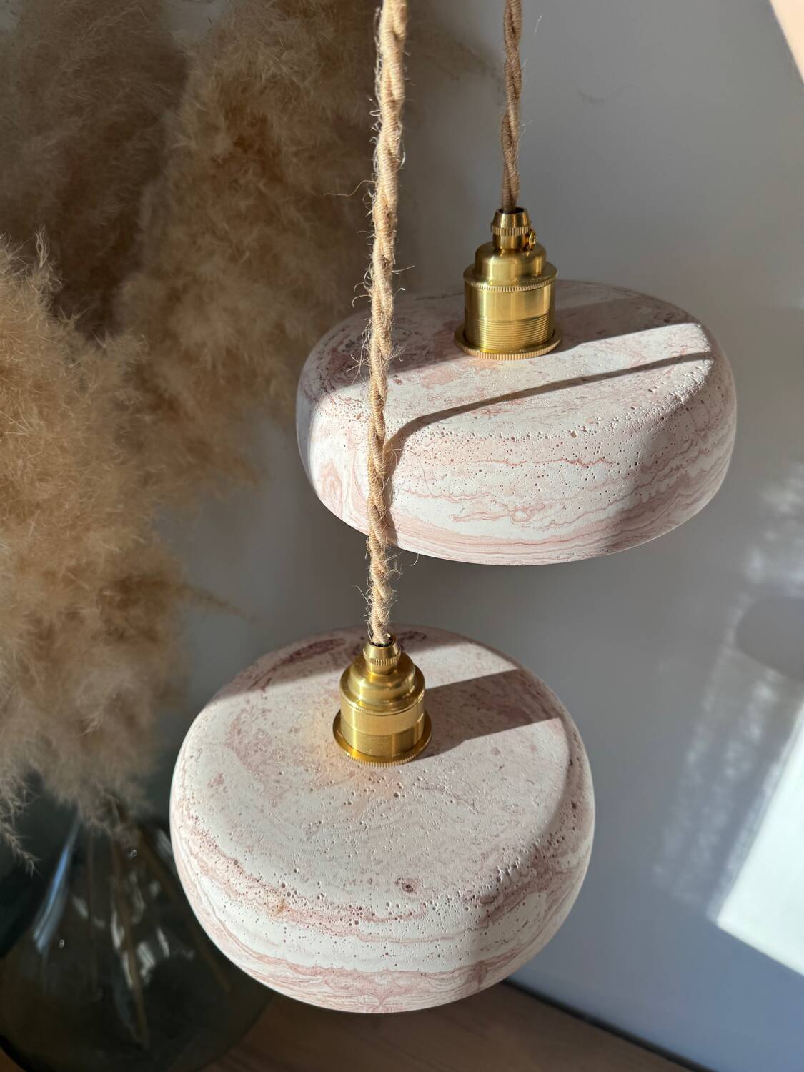 Pair of handcrafted portable lamps with a marbled stone effect