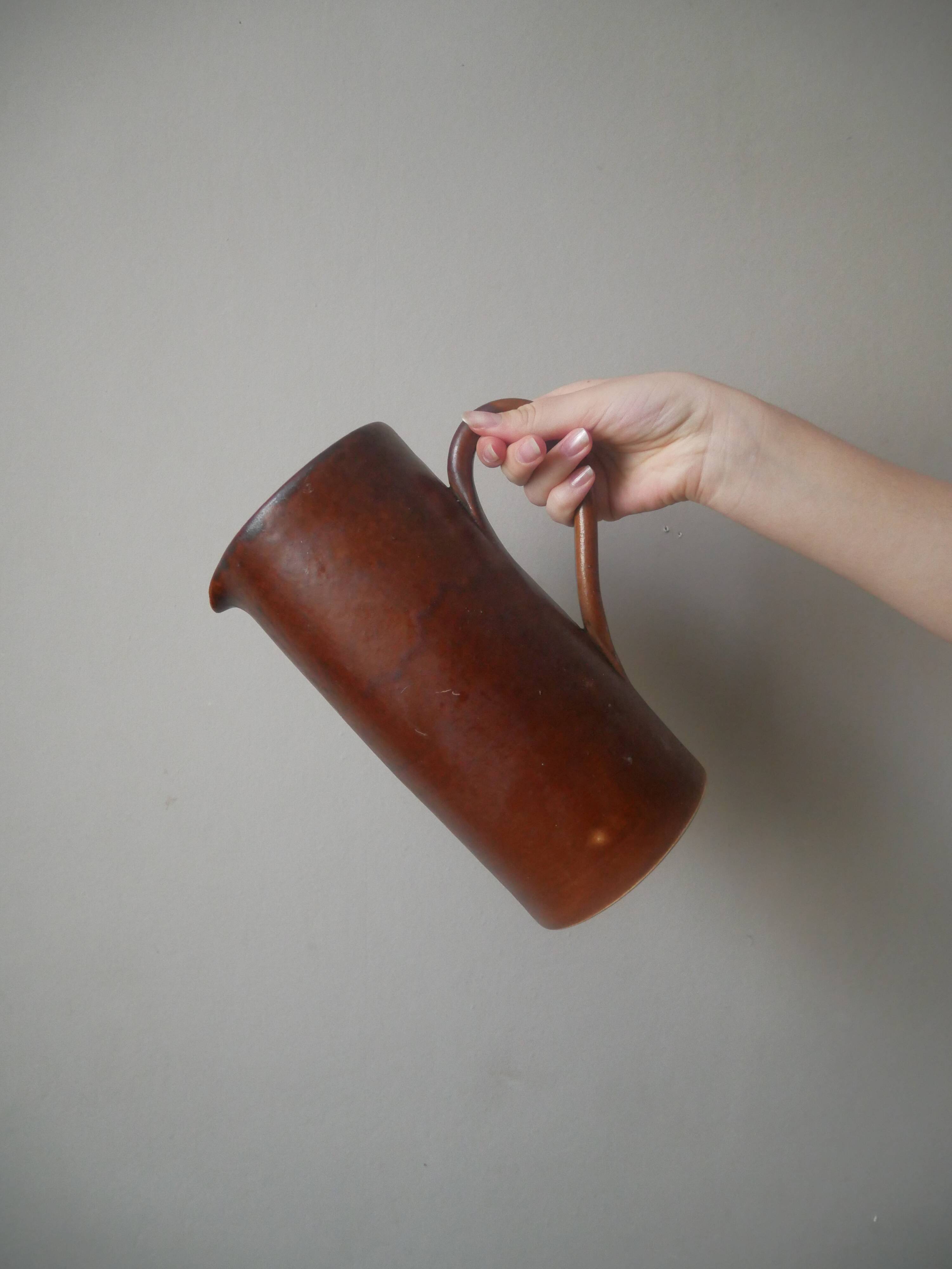 Ceramic pitcher vase with handle Scandinavian country decoration handcrafted vintage sandstone