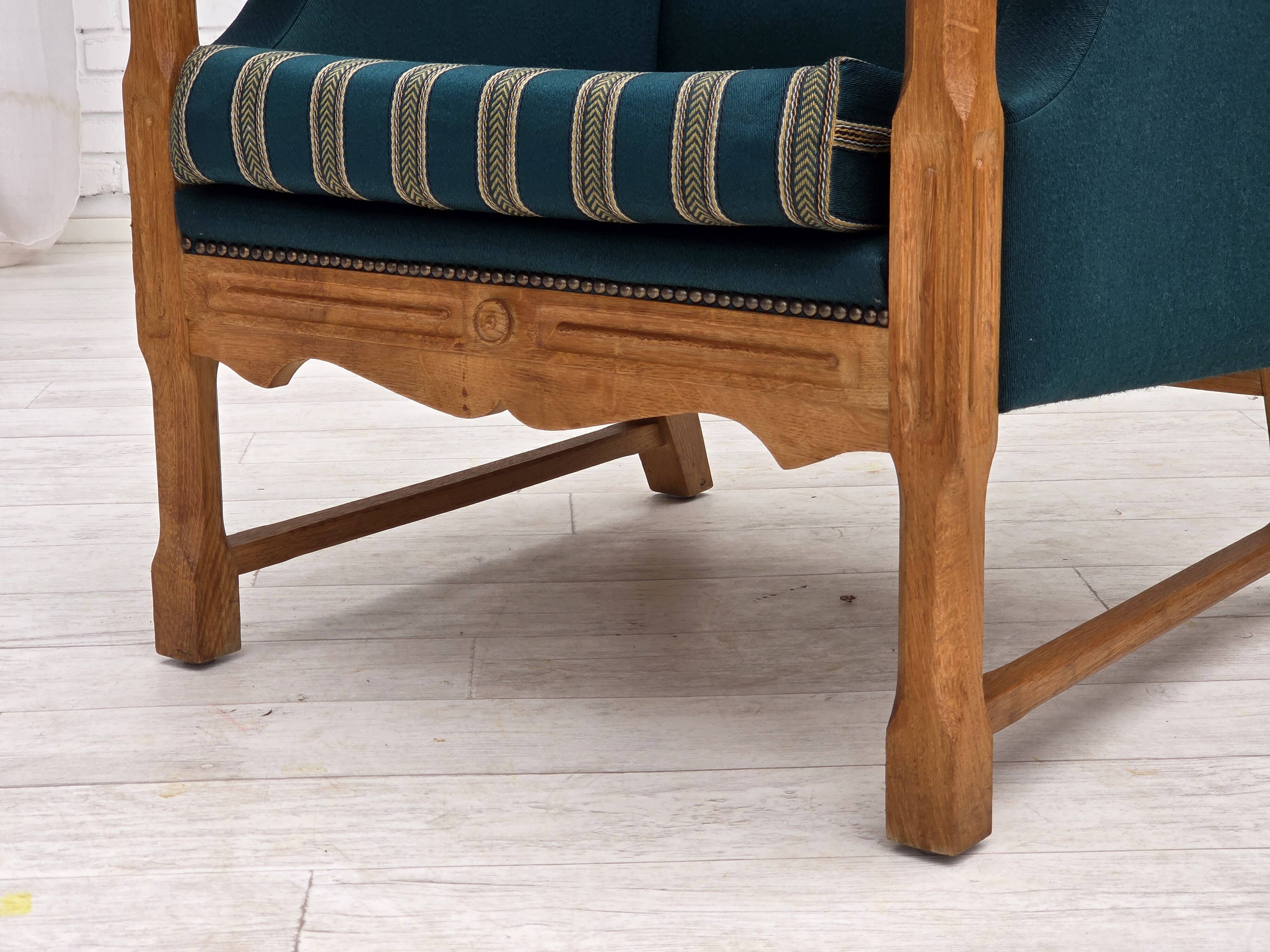 1970s, Danish highback armchair, furniture wool, solid oak wood.