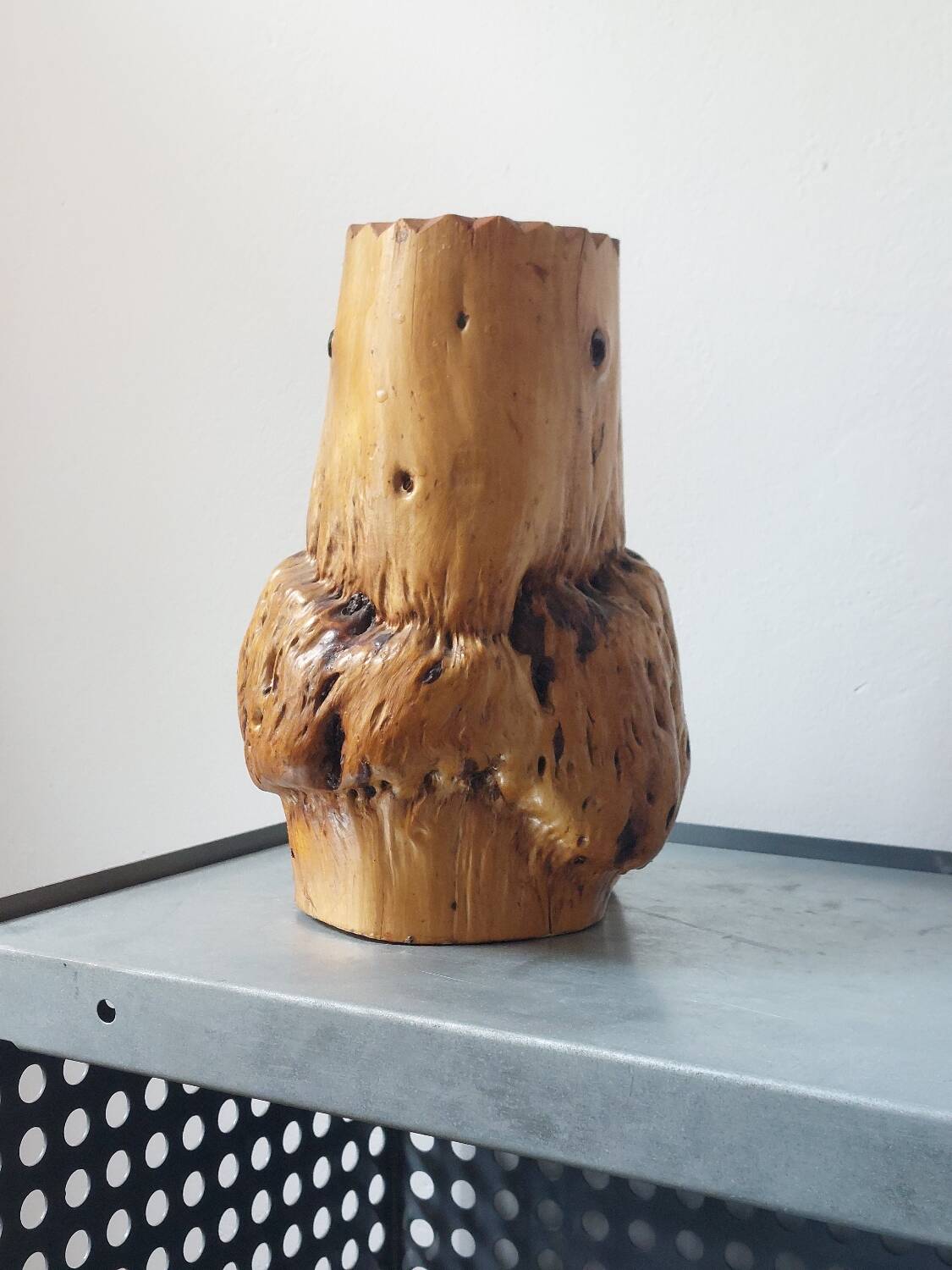 Vintage brutalist hand-carved burl wood vase