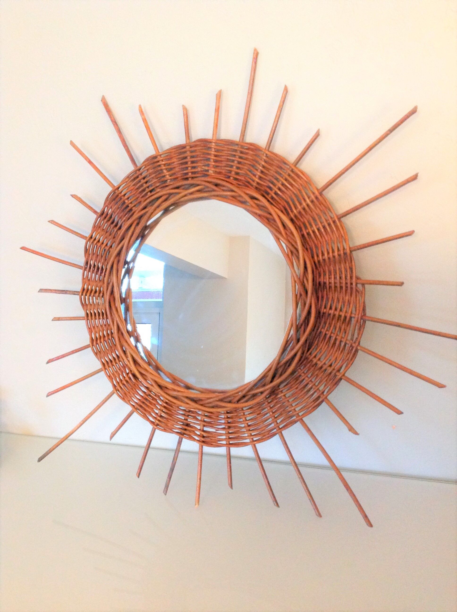 Wicker sun mirror 36 cm/ vintage 60s-70s