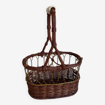 Wicker, wire and ceramic bottle holder