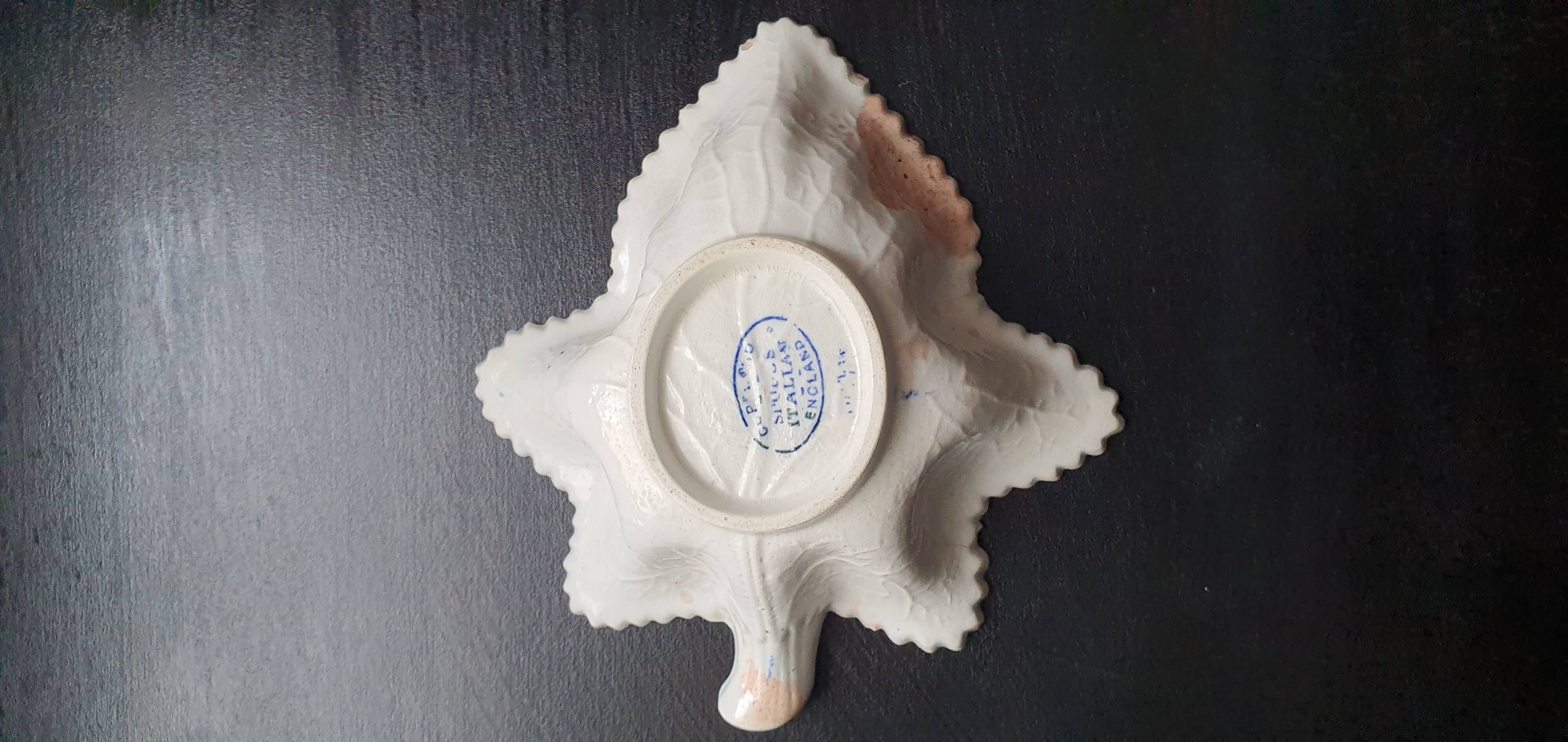 Copeland pickle dish in the shape of a leaf in blue earthenware.
