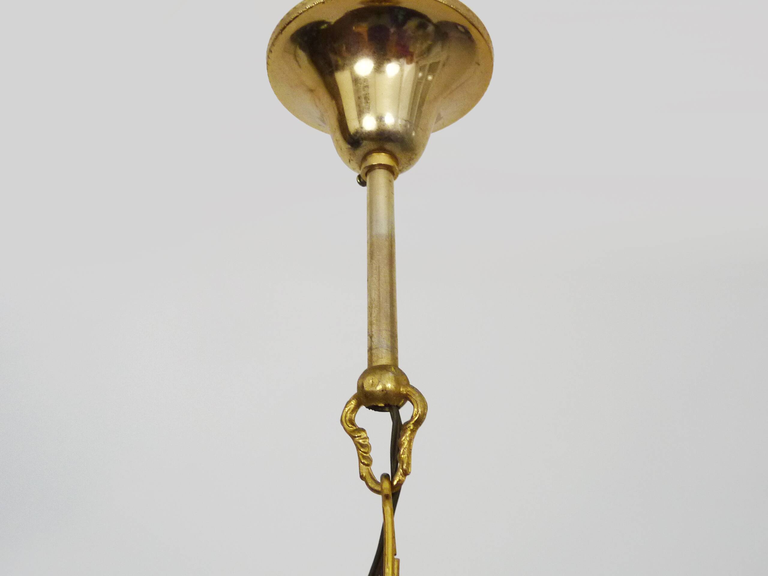 Suspension, brass chandelier and engraved glass globe with 2 lights. Louis XV style. 60s