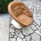 Brown tulip club chair in fibreglass resin and faux leather, France 1970s by Raphaël