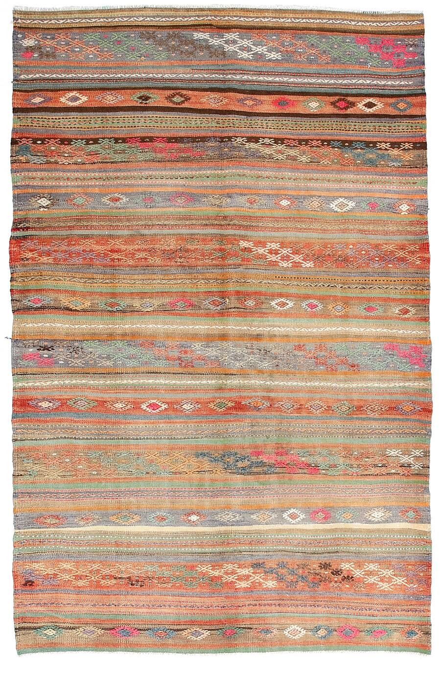 5x8 Green & Orange Striped Pattern Persian Kilim Rug, 155x250Cm