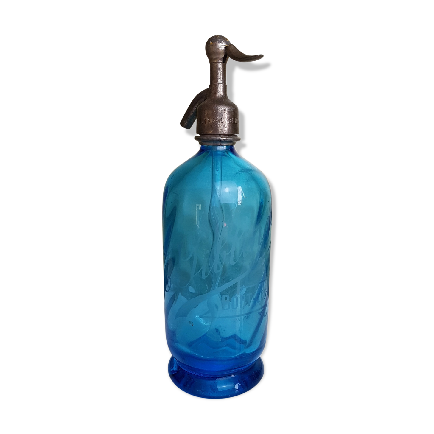 Siphon ancien eau de Seltz en verre Bleu