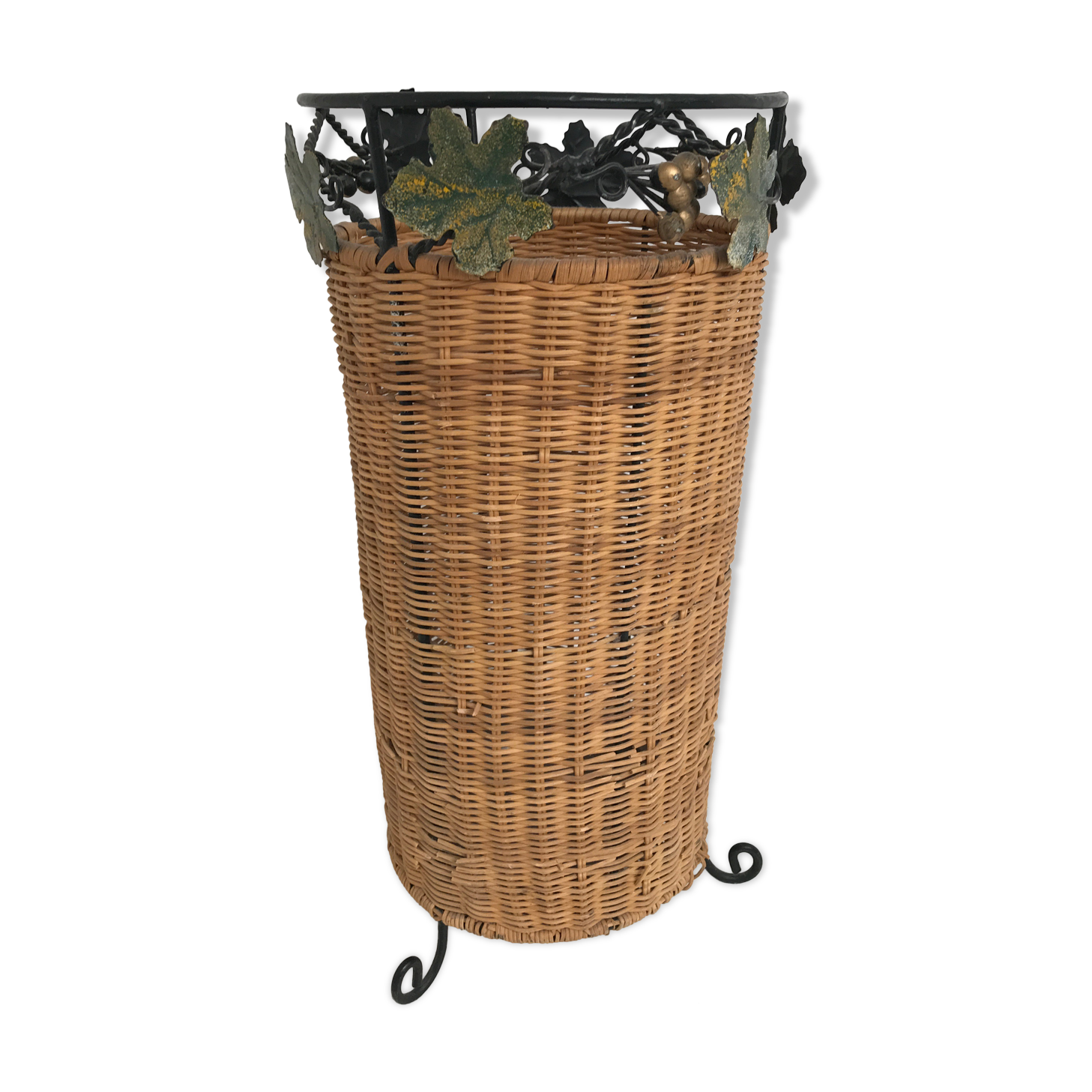 Vintage rattan and wrought iron umbrella holder