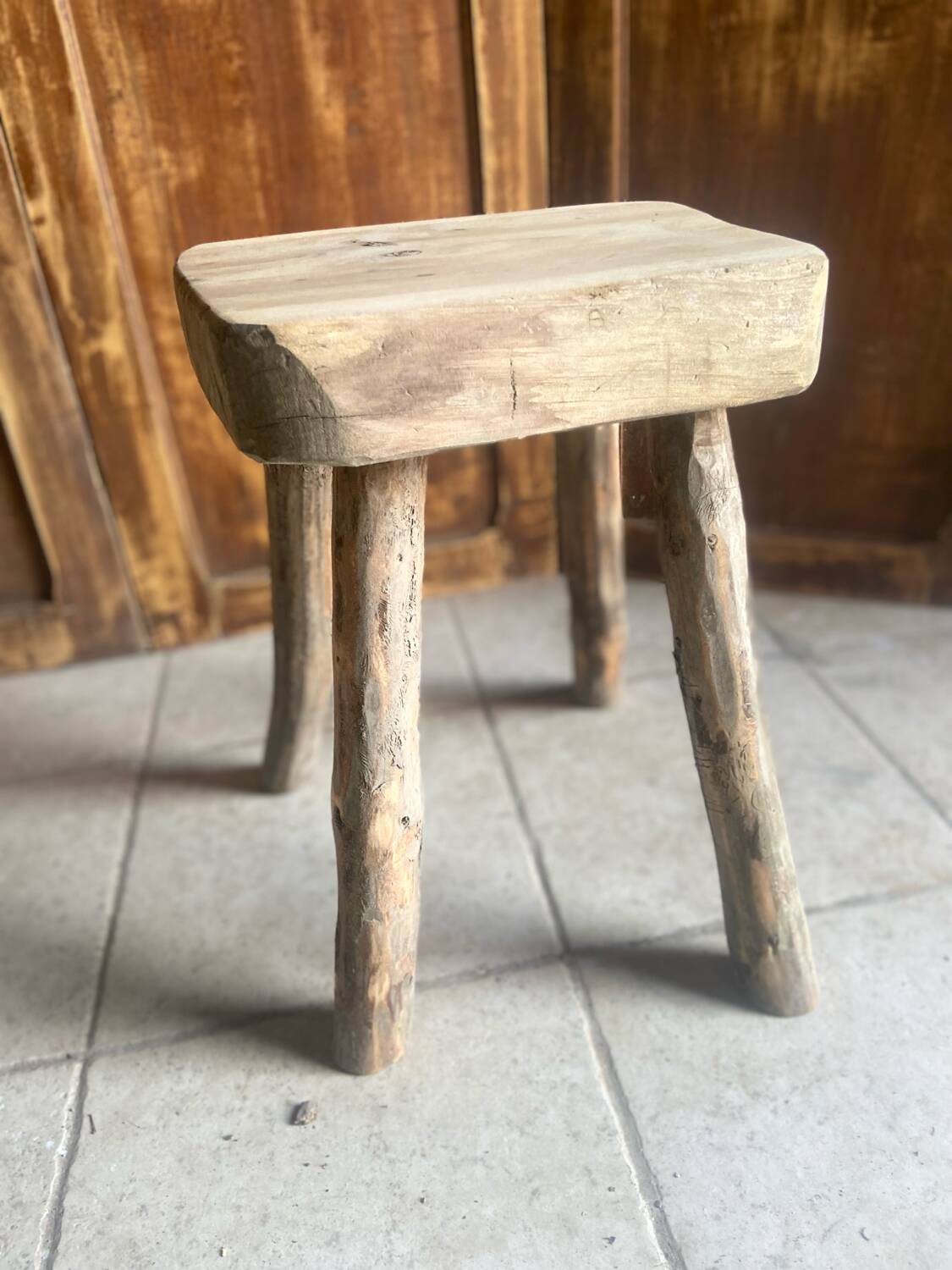 Antique brutalist stool in solid oak