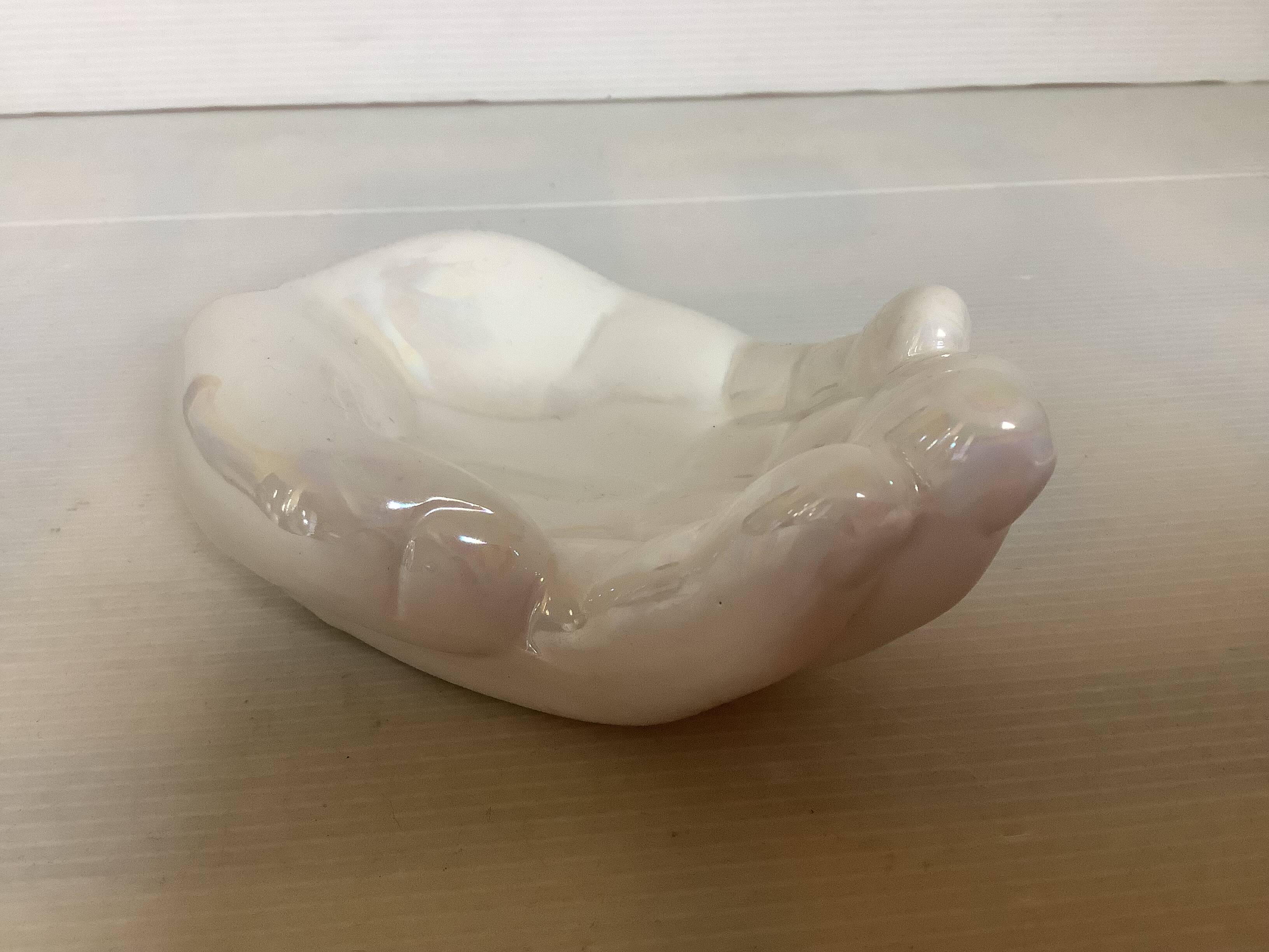 Iridescent white hand ring sizer pocket