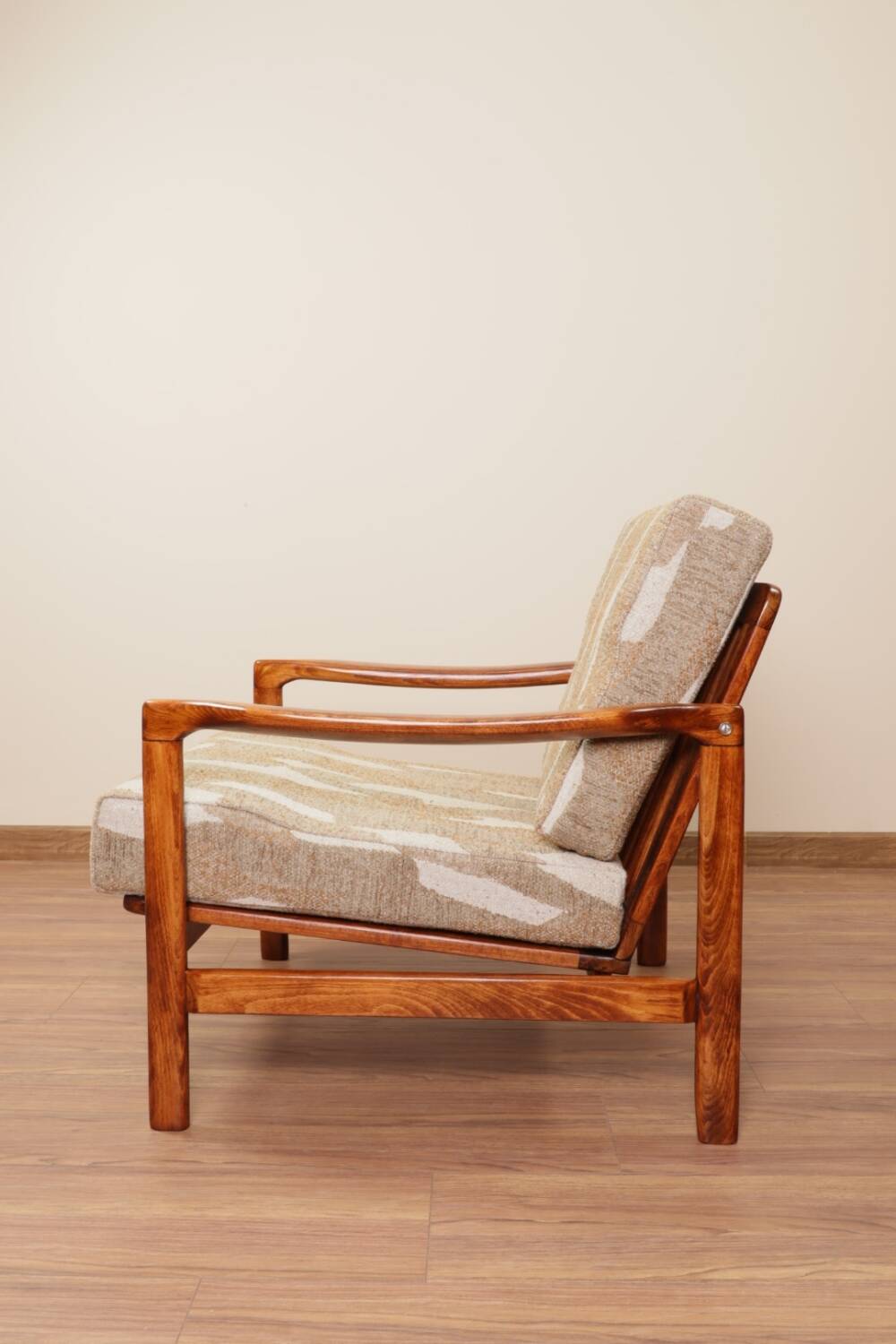 Vintage armchair in safari beige, 1965 mid-century modern design.