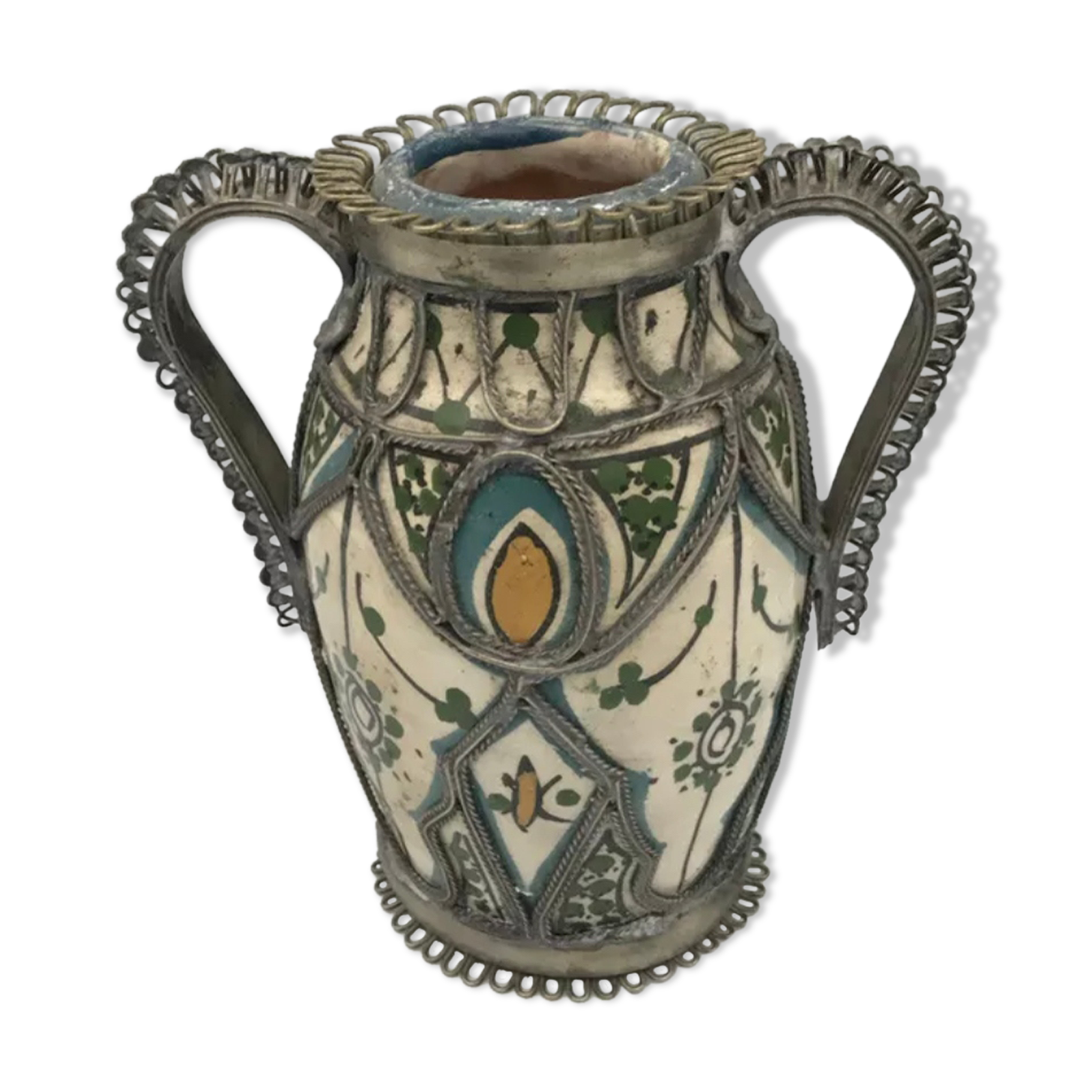 Old safi pottery vase in polychrome paint and metal sculpture décor 14 cm