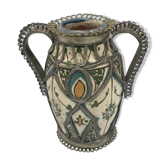 Old safi pottery vase in polychrome paint and metal sculpture décor 14 cm