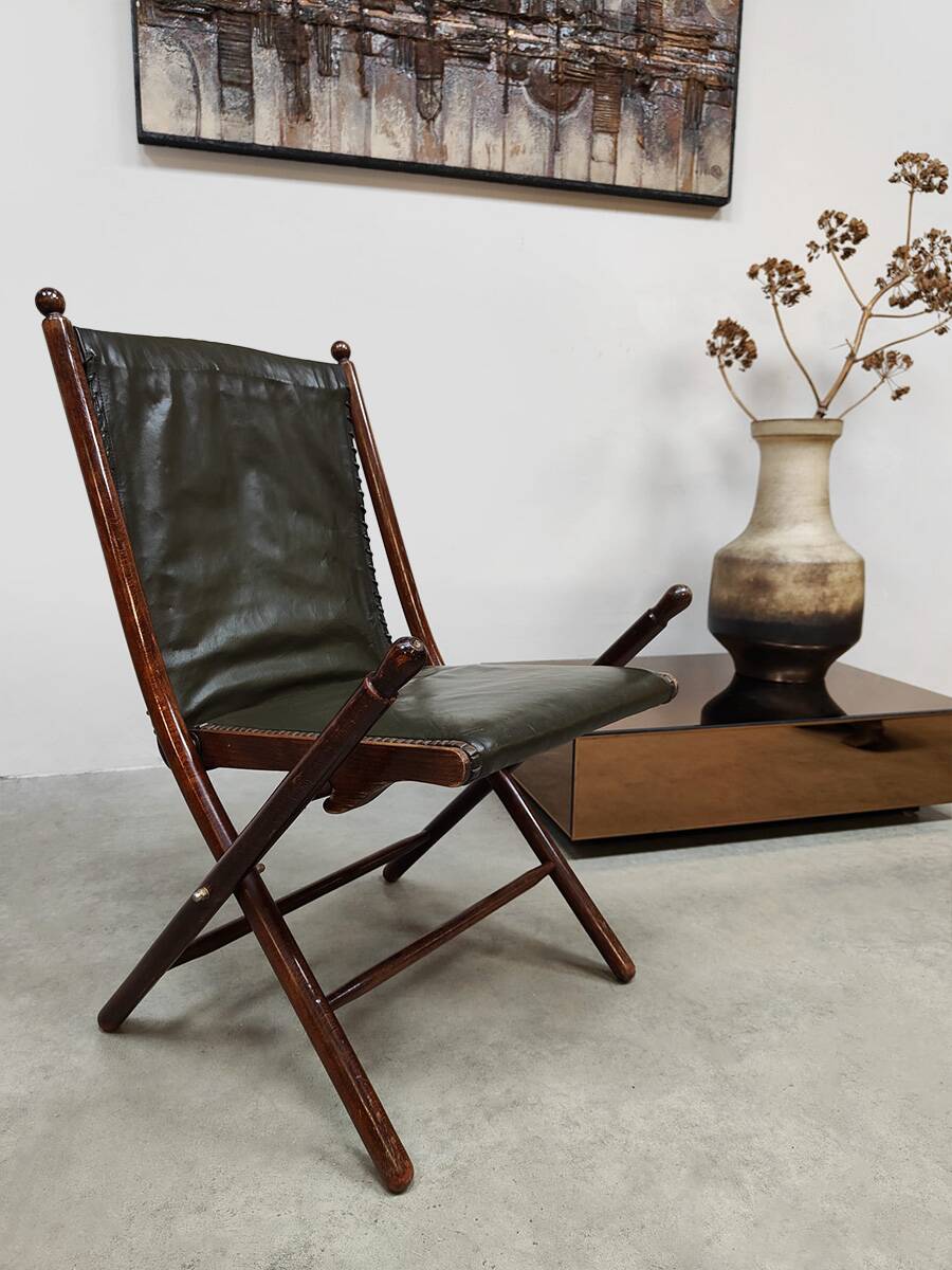 Vintage leather folding chair 'Campaign chair' 1950