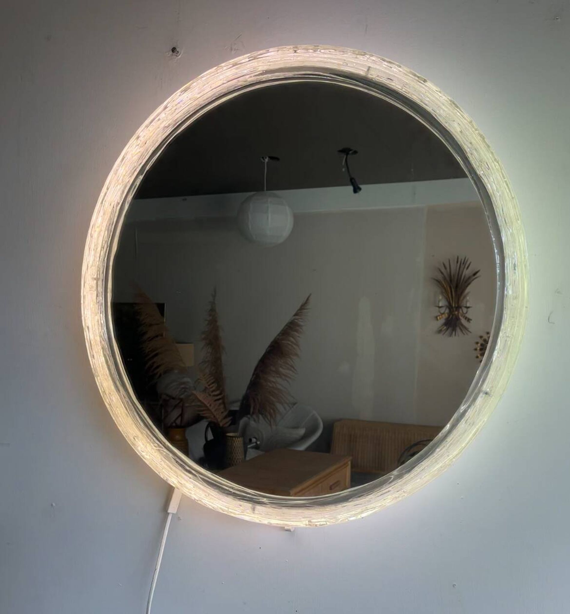 Illuminated mirror ‘iced -glass’ Hillebrand style Mid Century