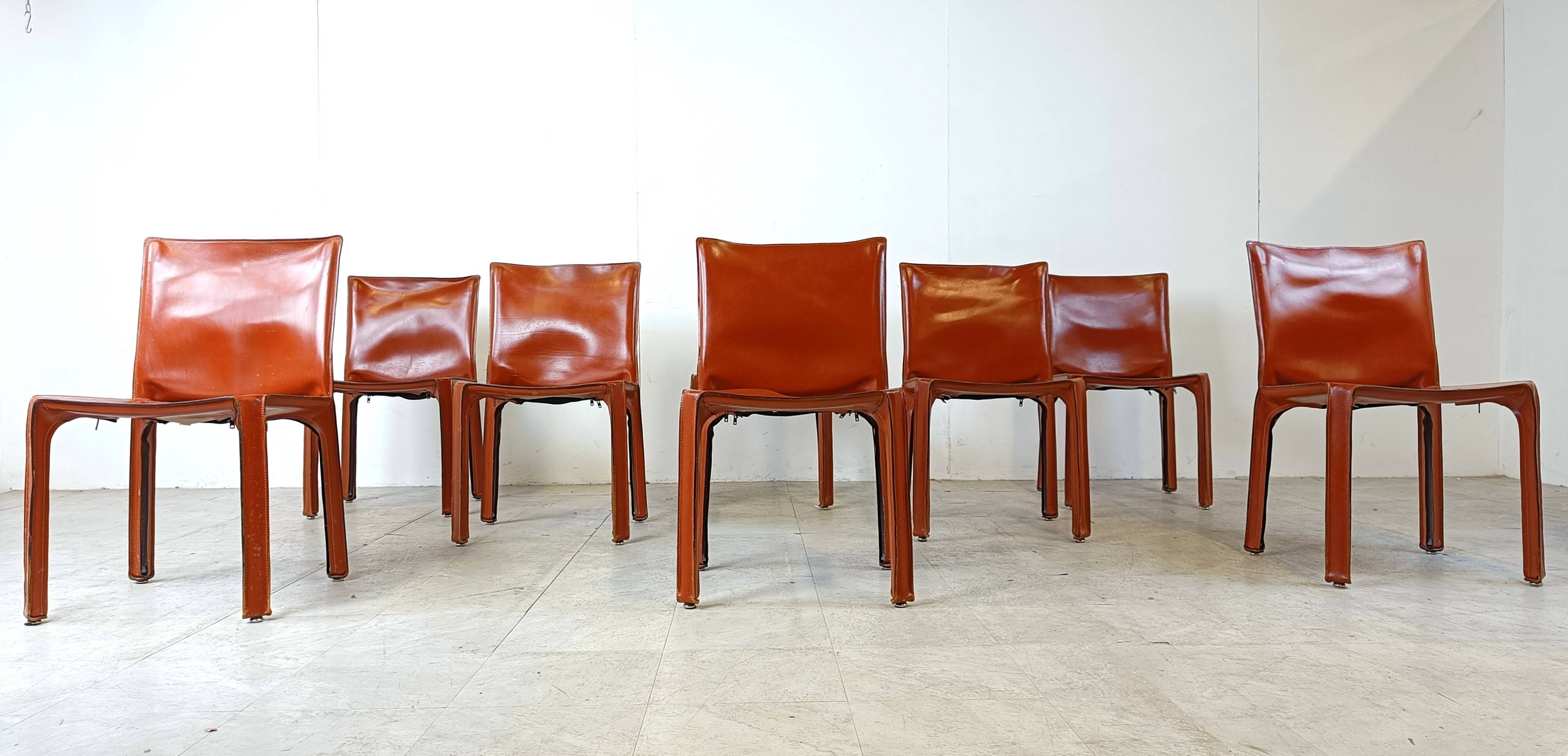 Red leather dining chairs Italy, 1970s - set of 8
