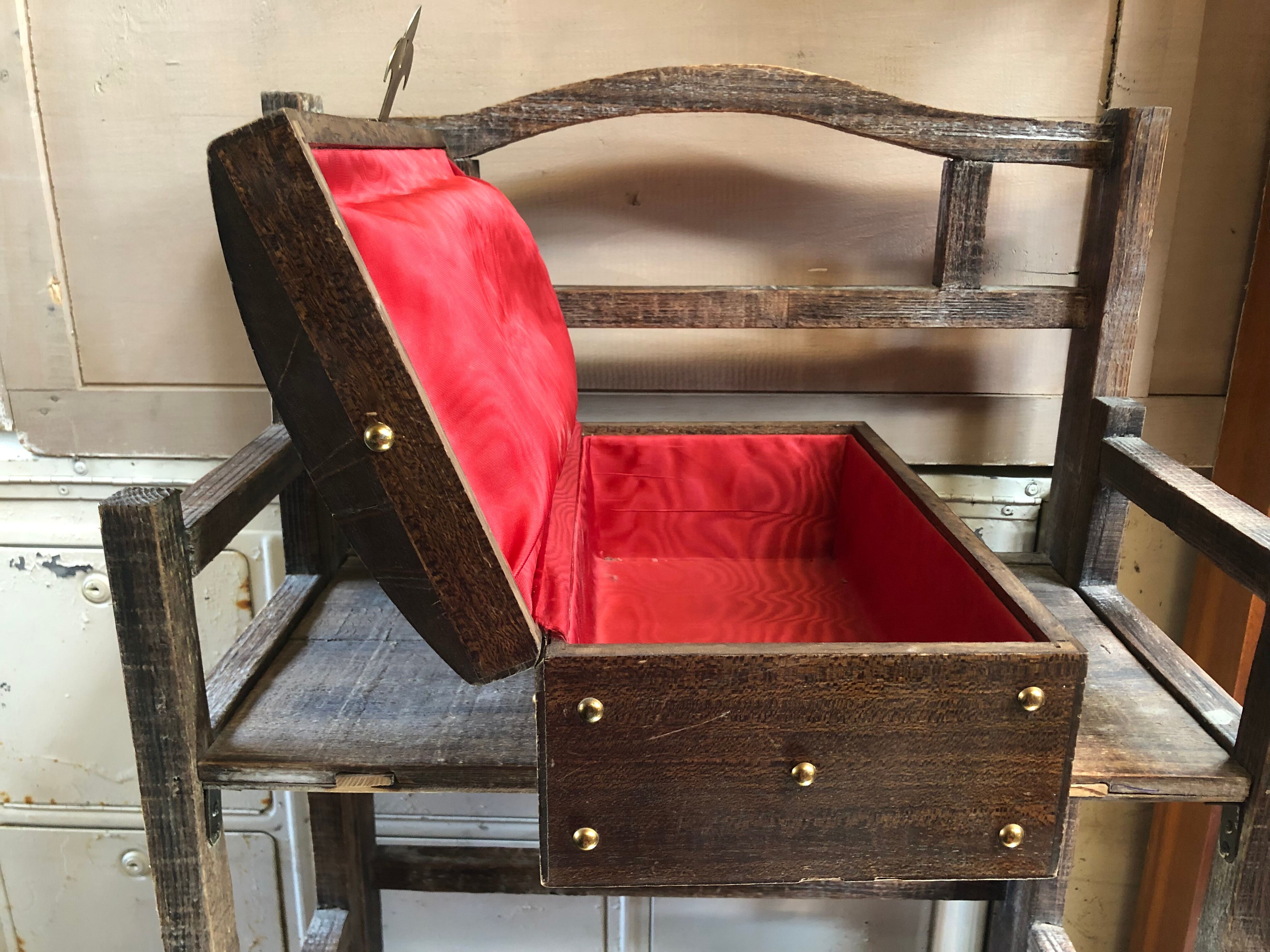 Old Box Storage Wood + Clamoir Metal Gilded Interior Fabric Red Vintage