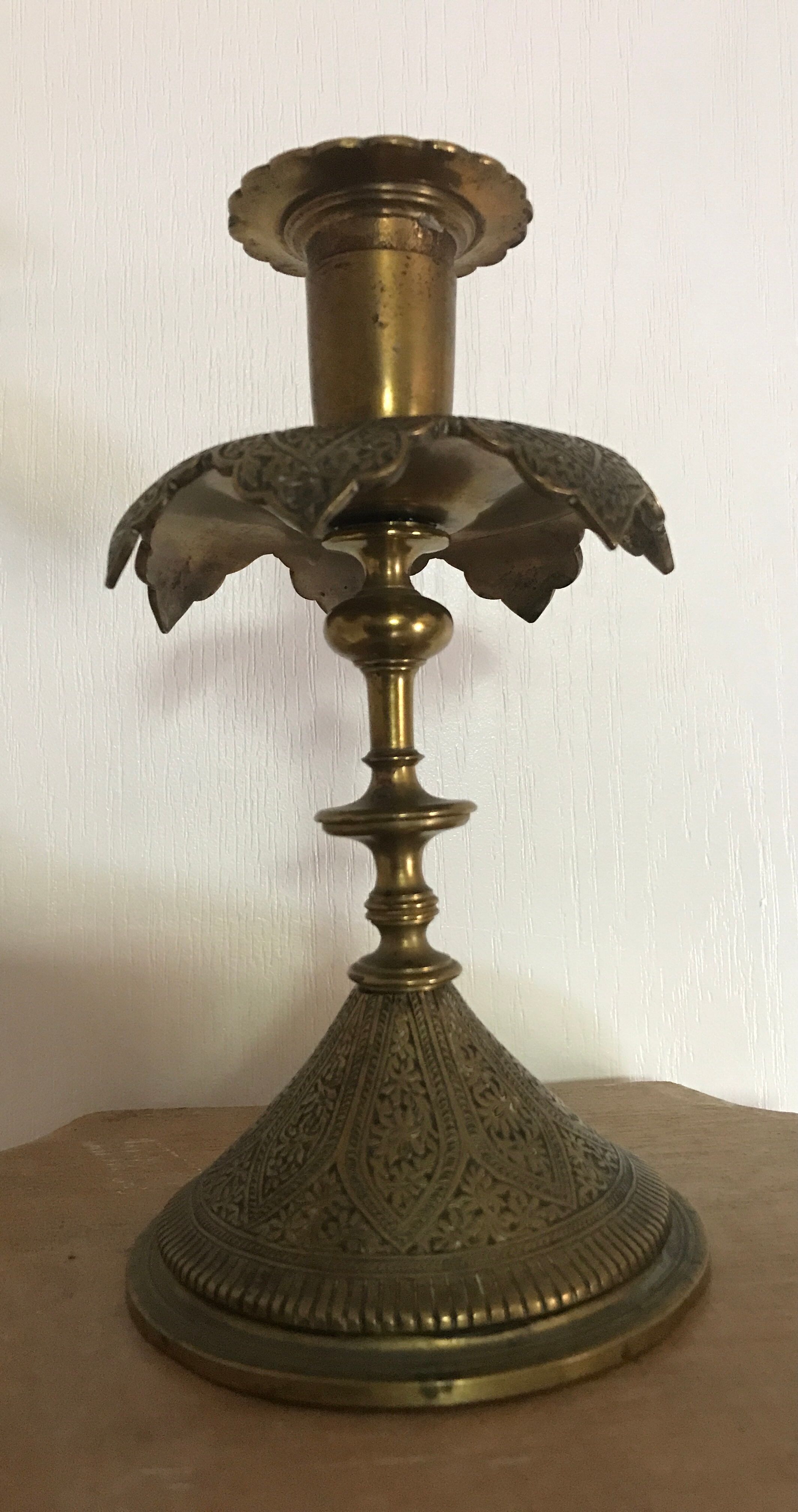 Old persian candle holder, ottoman in brass chiseled XIXth