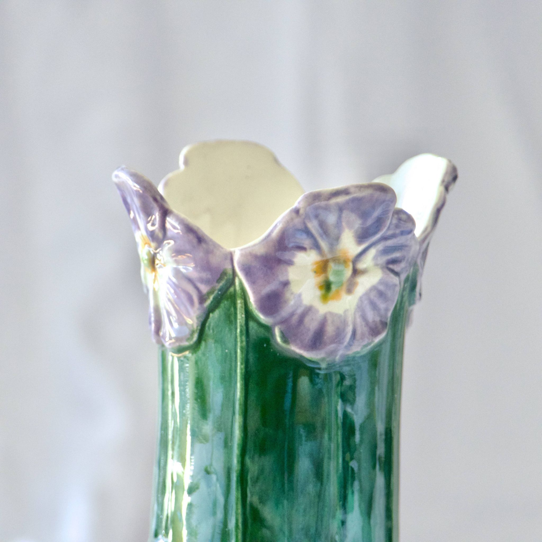 Antique 19th century Art Nouveau slip vase with pansy flowers