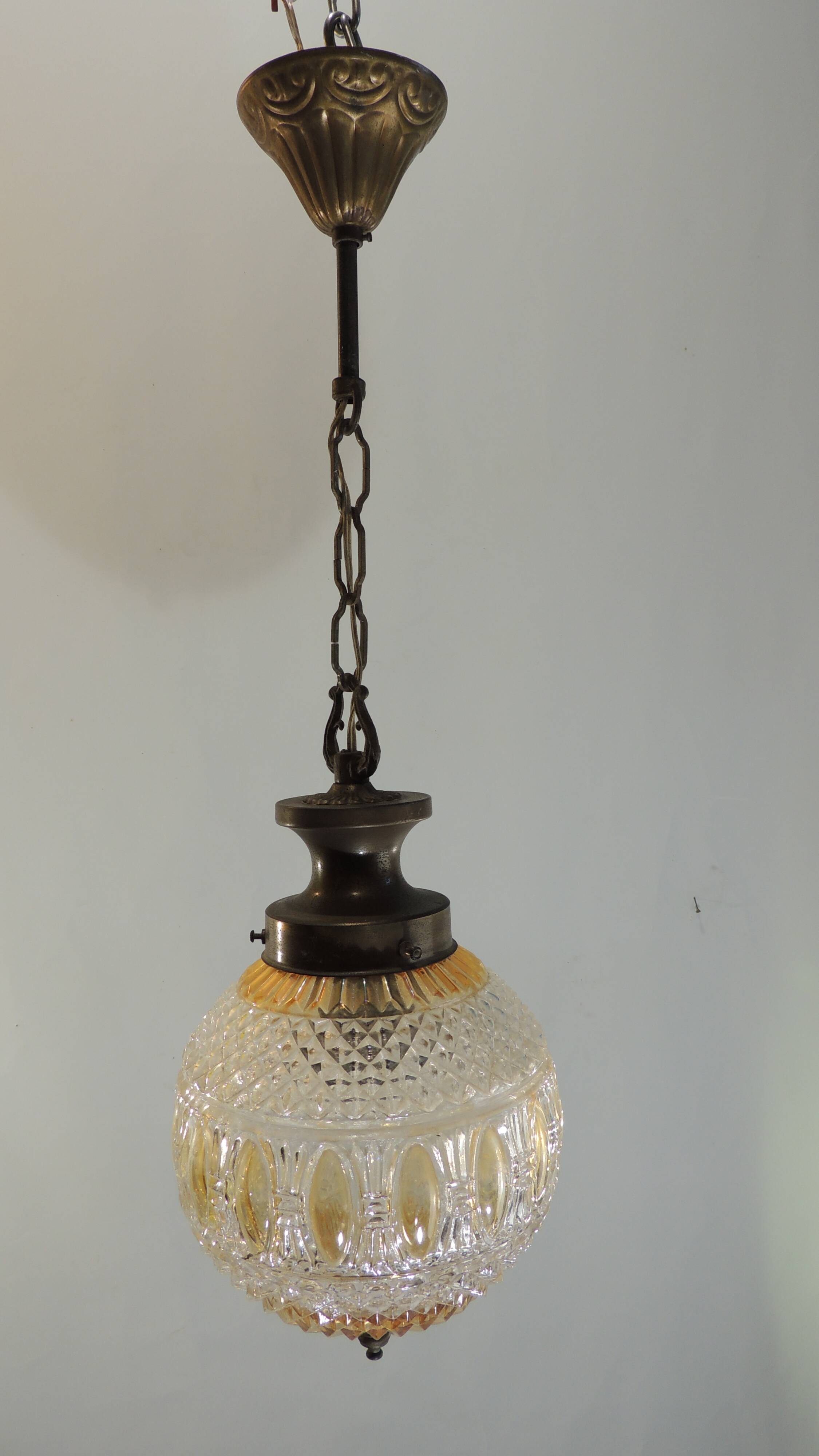 Vintage pendant light in molded glass and brass, glass ball hanging lamp