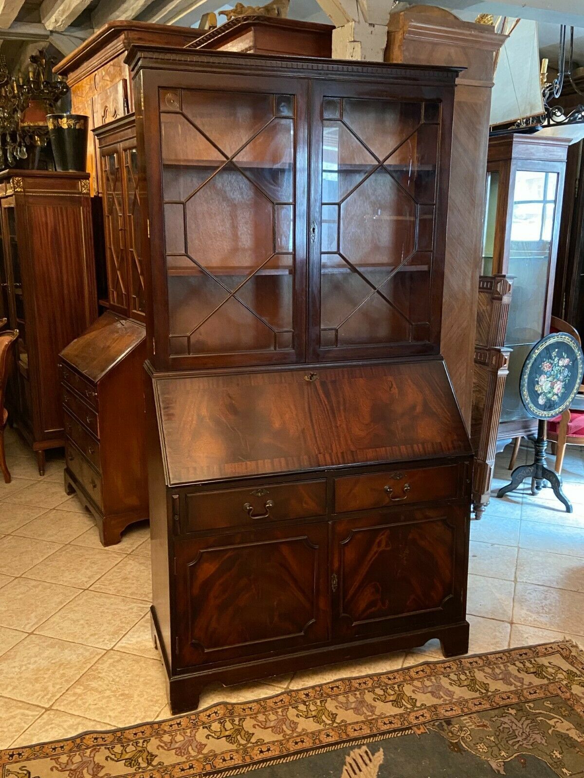 English Scriban two body secretary office showcase library in mahogany
