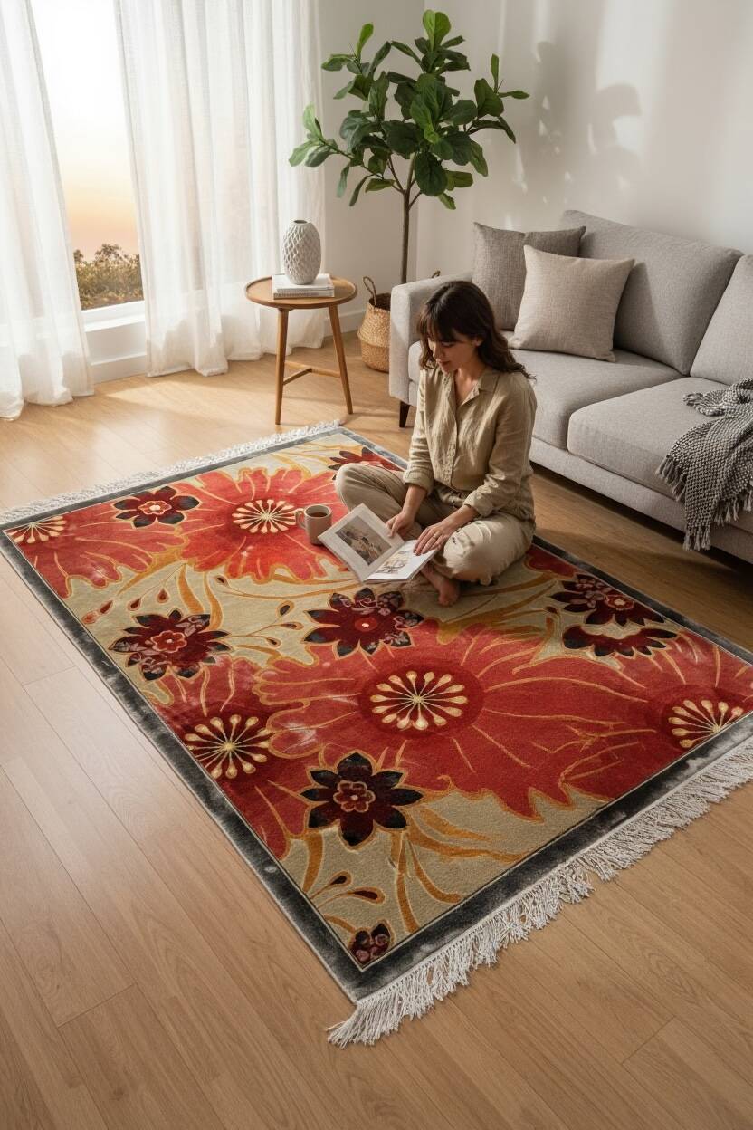 Vintage wool and silk rug – Large flowers. 1970s.