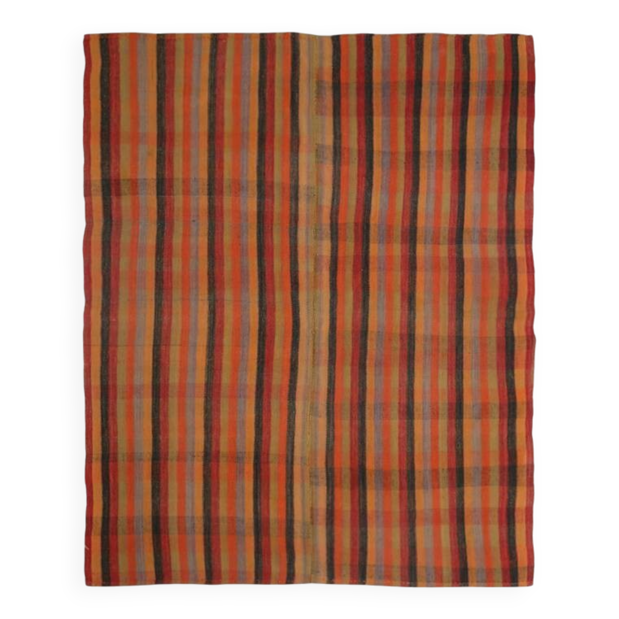 Kilim Vintage à Rayures Fait Main en Laine, Tons Terre et Orange, 200x240