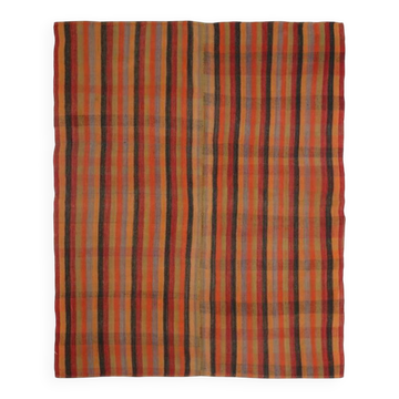 Kilim Vintage à Rayures Fait Main en Laine, Tons Terre et Orange, 200x240
