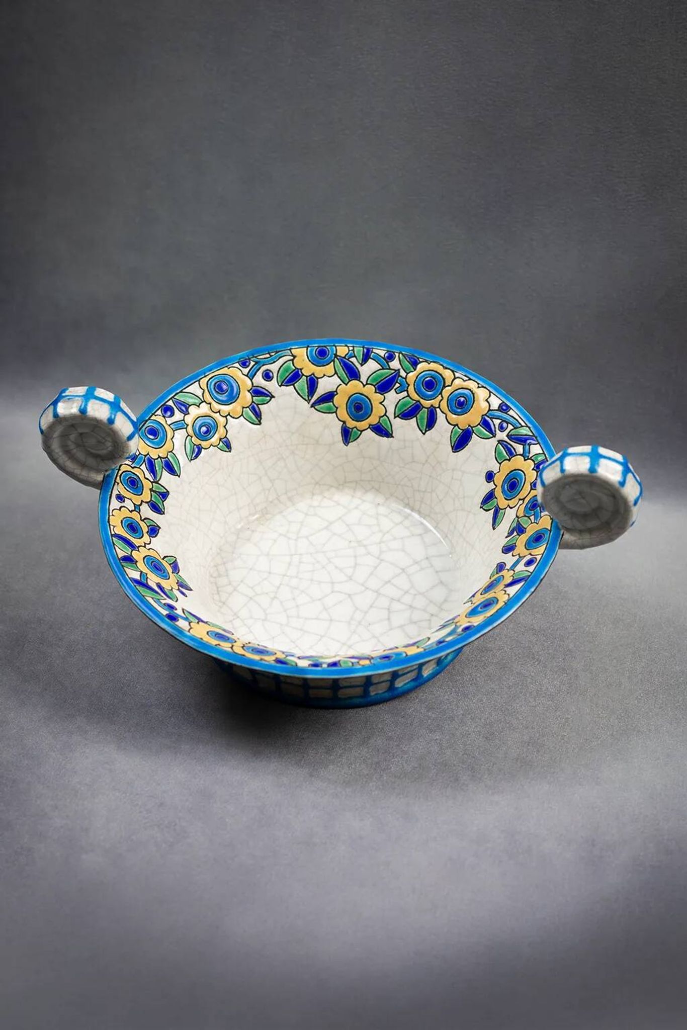 Longwy enamel bowl with handles – Art Deco floral decoration, 1930s