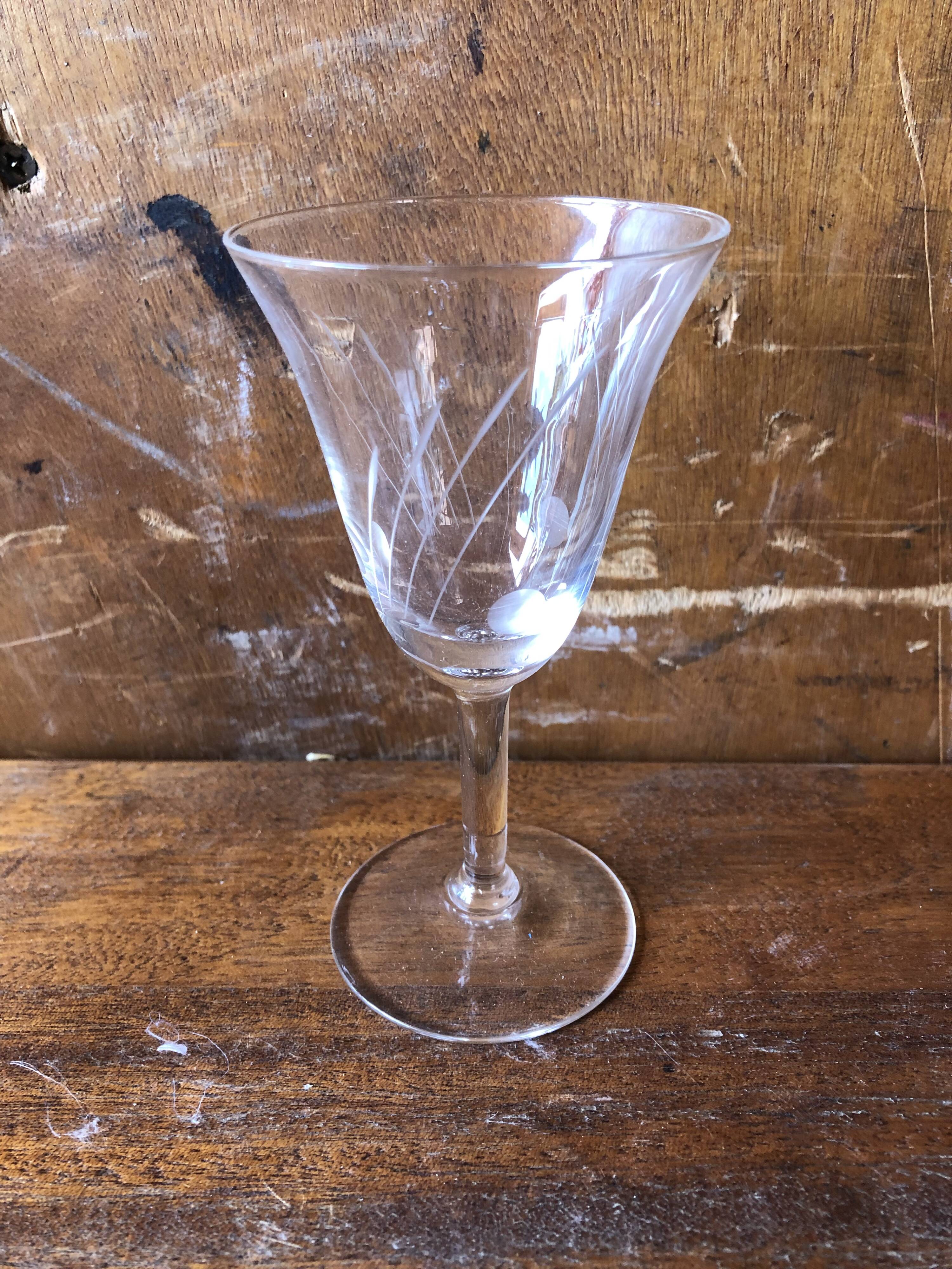 Old pitcher service and 5 foot glasses in engraved glass vintage table art