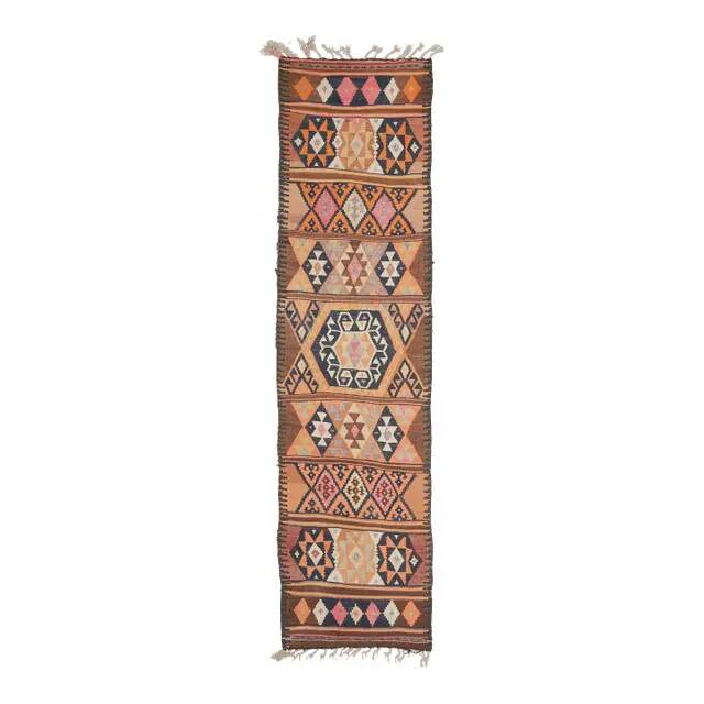 1970s Vintage Turkish Hand-Knotted Wool Cotton Brown Runner Rug 91x355