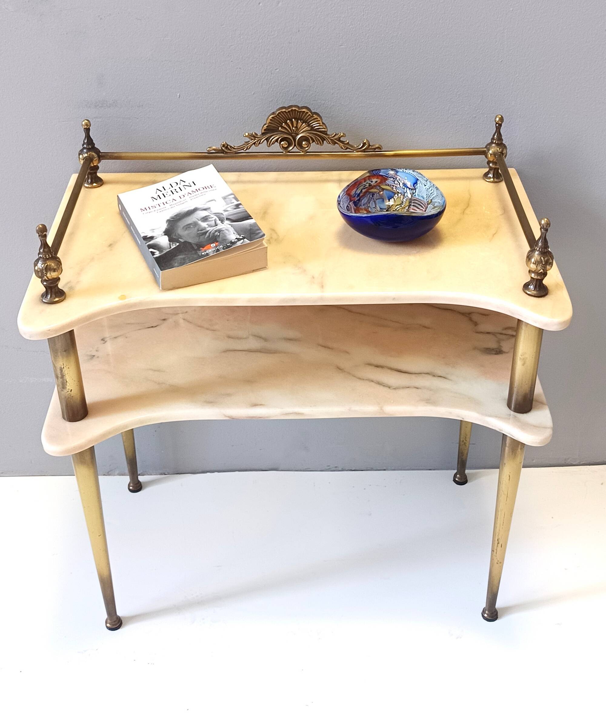 Pair of Nightstands / Console Tables with Marble Tops and Brass Legs, Italy