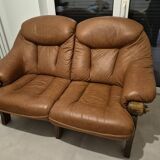 Vintage Scandinavian two-seater sofa in cognac leather and solid oak.