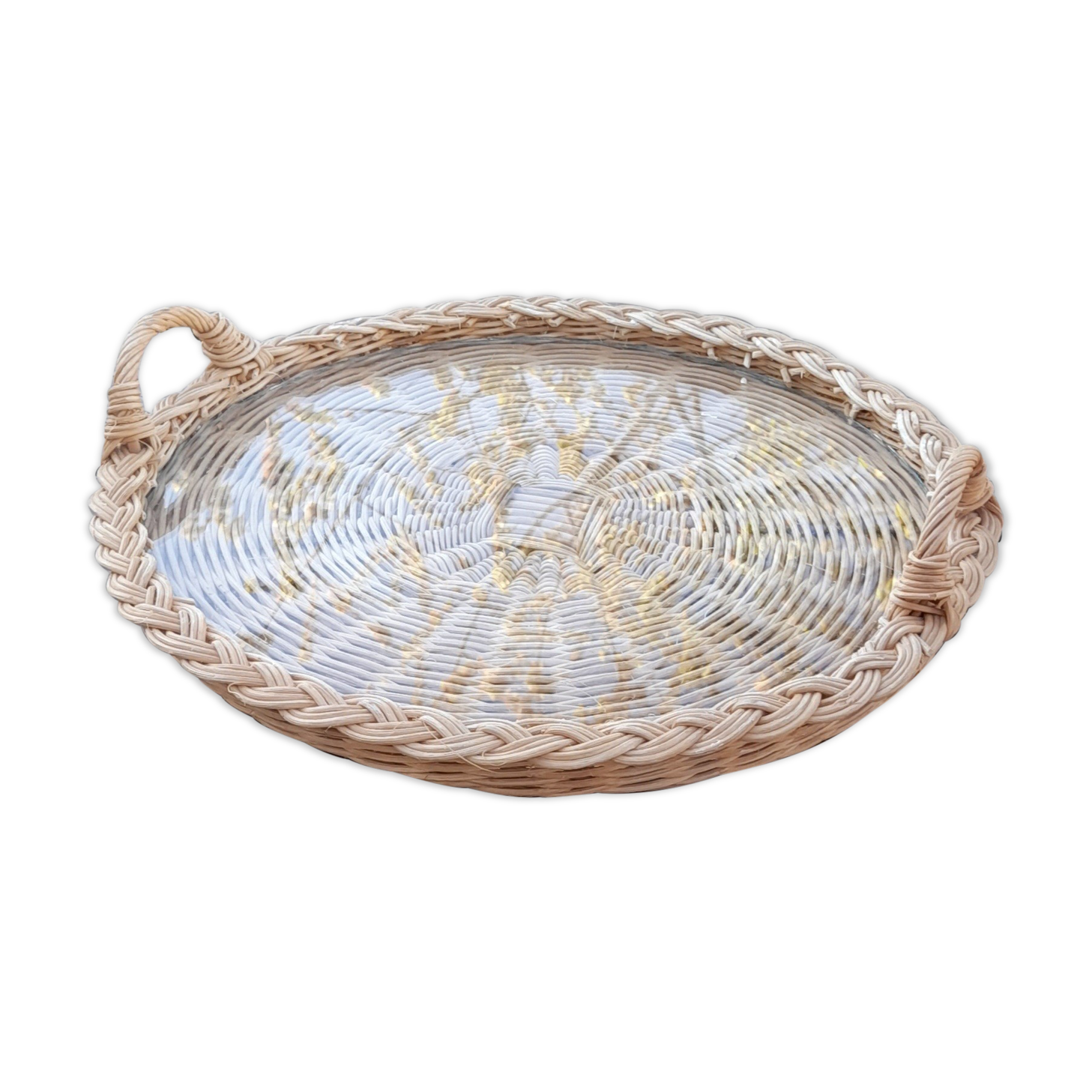 Vintage rattan tray, 2 handles, and glass top