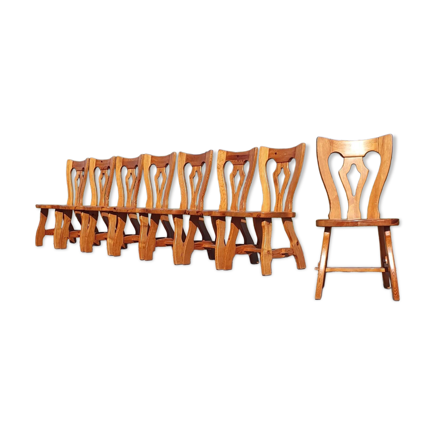 Set 8 vintage Pine dutch dining chairs solid wood 1970s